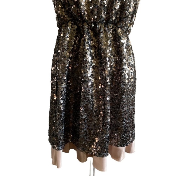 DKNY Neutral Color Sequins Strapless Dress With Ruffles Across Chest and At Hem - Picture 7 of 15